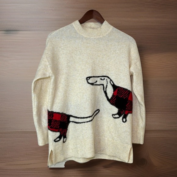 LOFT Sweaters - LOFT Petites Dachshund Sweater Buffalo Plaid Dog Cream Knit Women LP Cute